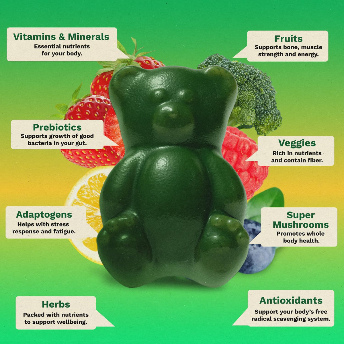 Gruns Sugar-Free Super Greens Gummies, Multivitamin Superfood Gummy Bears, Spirulina, Chlorella, Prebiotics & Fiber gummies for Digestive Health, Adaptogens Supplement, 20 Vitamins & Minerals, 10 pack Grüns buy supplements Au