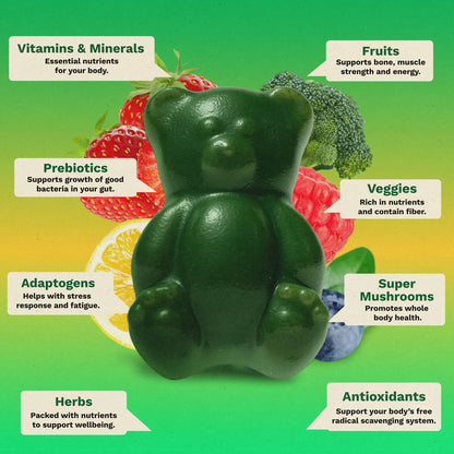 Gruns Adults Super Greens Gummies, Multivitamin Superfood Gummy Bears, Spirulina, Chlorella, Prebiotics & Fiber Gummies for Digestive Health, Adaptogens Supplement, 20 Vitamins & Minerals, 10 Count Grüns buy supplements Au