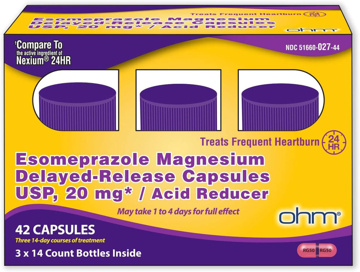 Ohm Esomeprazole Magnesium Delayed Release Capsules 20mg - Frequent Heartburn & Acid Reflux Relief, 24 Hour Chest & Stomach Acid Reducer (6 Weeks of Supply, 42, Count) Ohm buy supplements Au