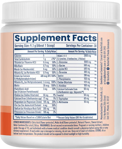 NativePath Hydrate Electrolyte Powder, Peach Mango, 30 Servings | 14 Vitamins & Minerals, 9 Aminos & 2000mg BCAAs, Zero Sugar, Supports Hydration & Recovery, Stevia, Keto