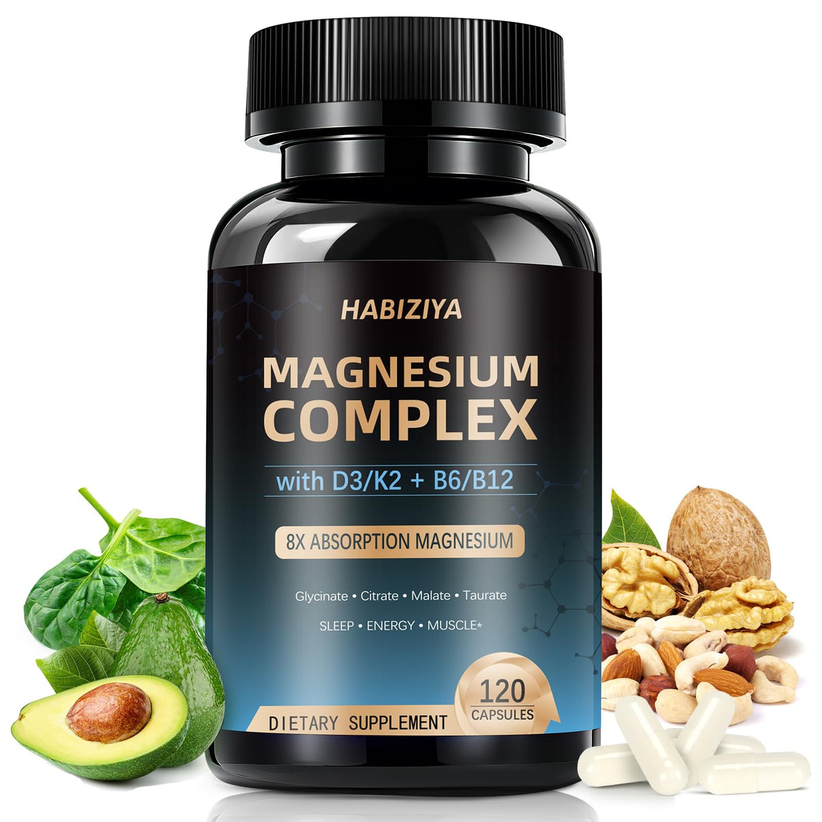 Bottle of Habiziya Magnesium Complex supplement with health benefits displayed.