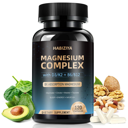Bottle of Habiziya Magnesium Complex supplement with health benefits displayed.