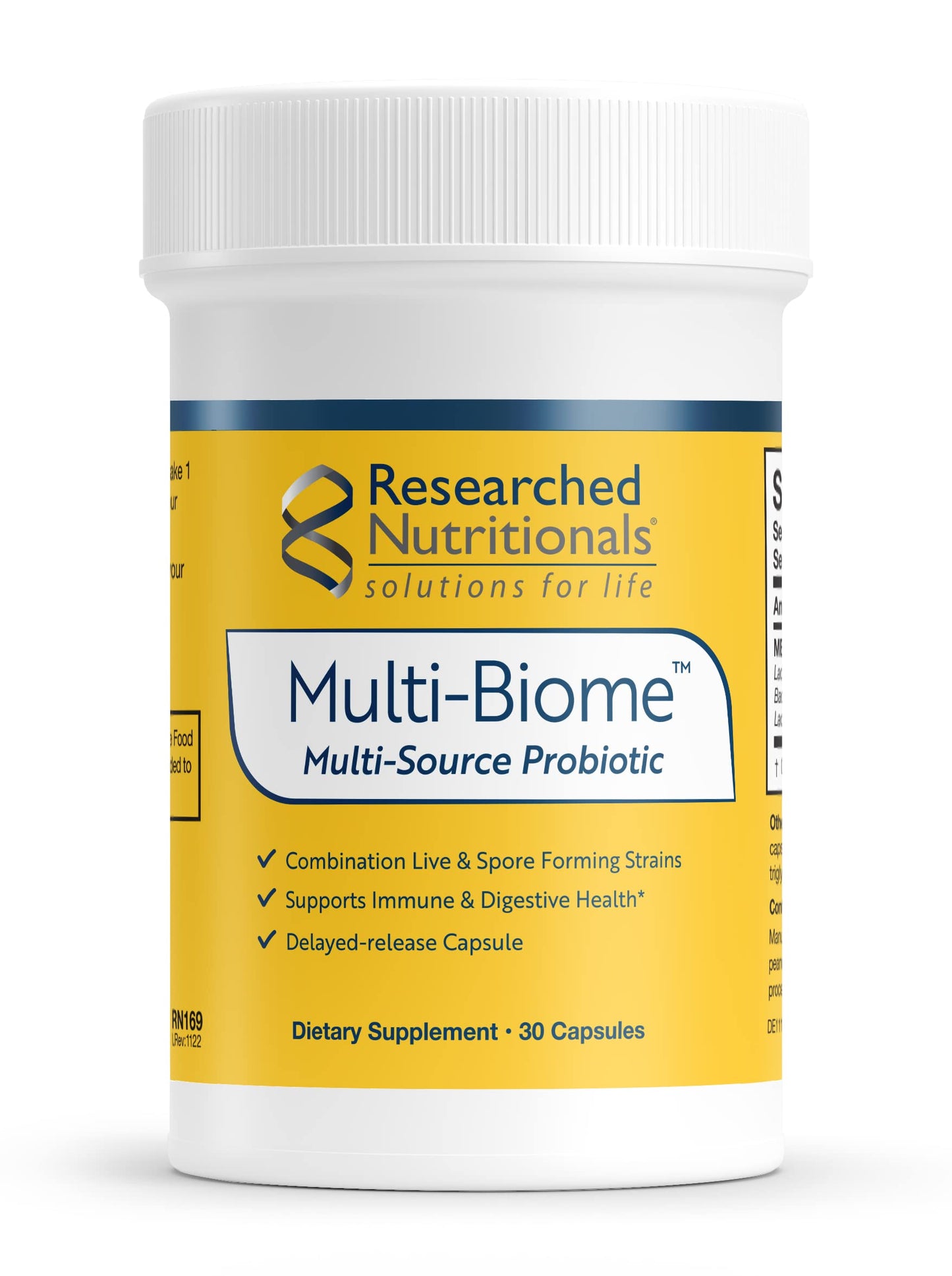 Researched Nutritionals Multi-Biome multi-source probiotic supplement on a white background