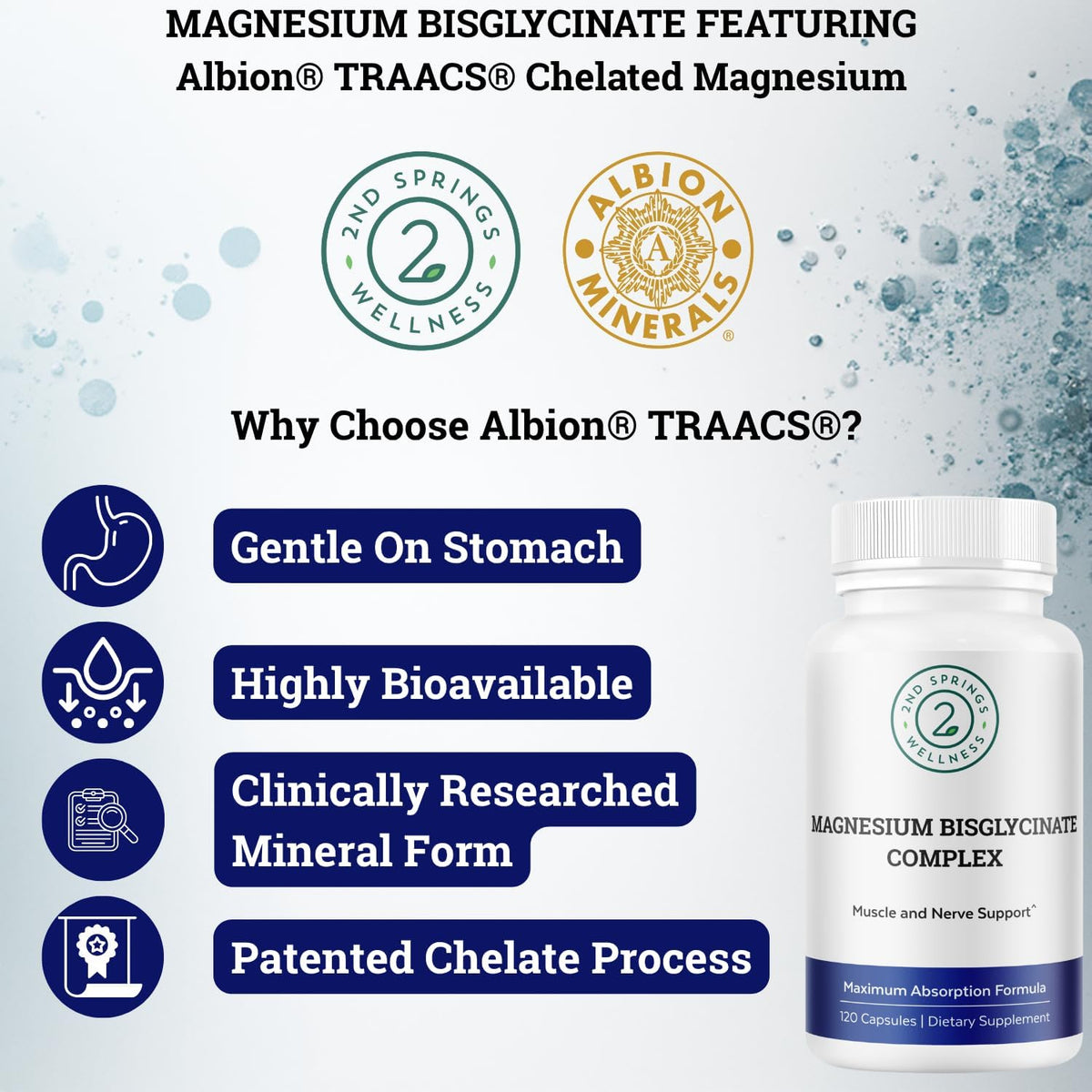 Magnesium Bisglycinate Complex 400mg Supplement | Albion TRAACS Chelated, Maximum Absorption, Gentle on Stomach, Highly Bioavailable, 120 Capsules