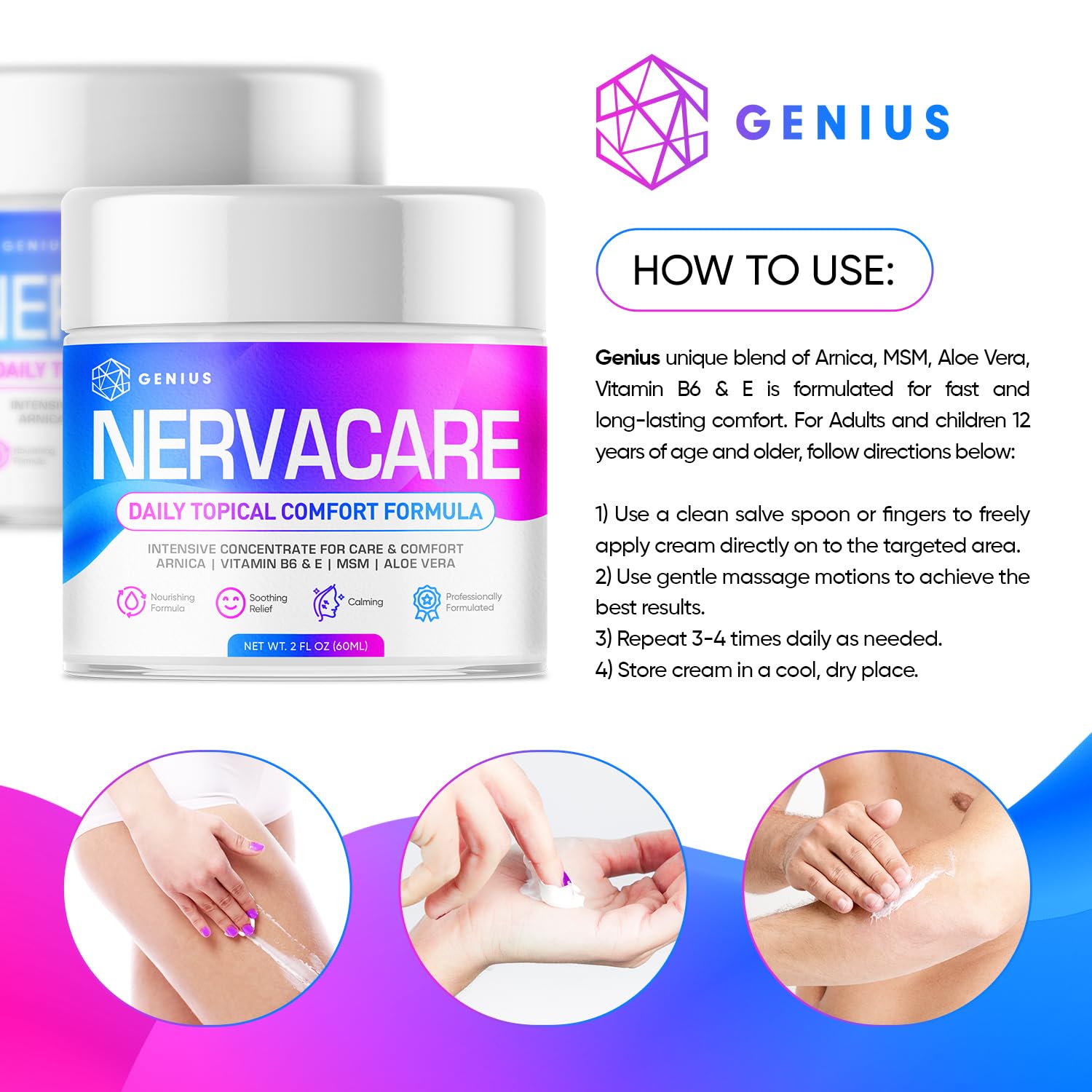 Genius Nervacare – Neuropathy Cream for Feet, Hands, Legs & Toes – Nerve Comfort Cream with Menthol, Arnica, MSM, Vitamin B6, Aloe Vera – Fast-Absorbing, Non-Greasy 2Oz GENIUS CUREBuy Supplements Australia