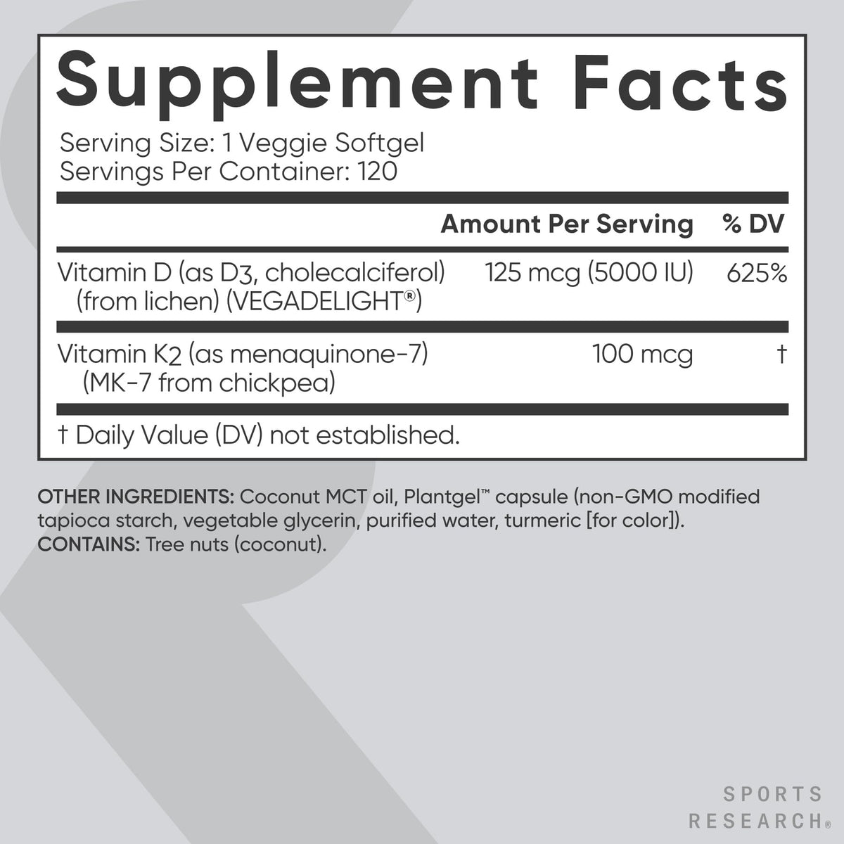 Sports Research Vitamin D3 with K2 Softgels - Plant Based K2 & Vegan D3 5000iu with Coconut MCT Oil - Vegan Certified, Soy & Gluten Free - 120 Count Sports Research buy supplements Au