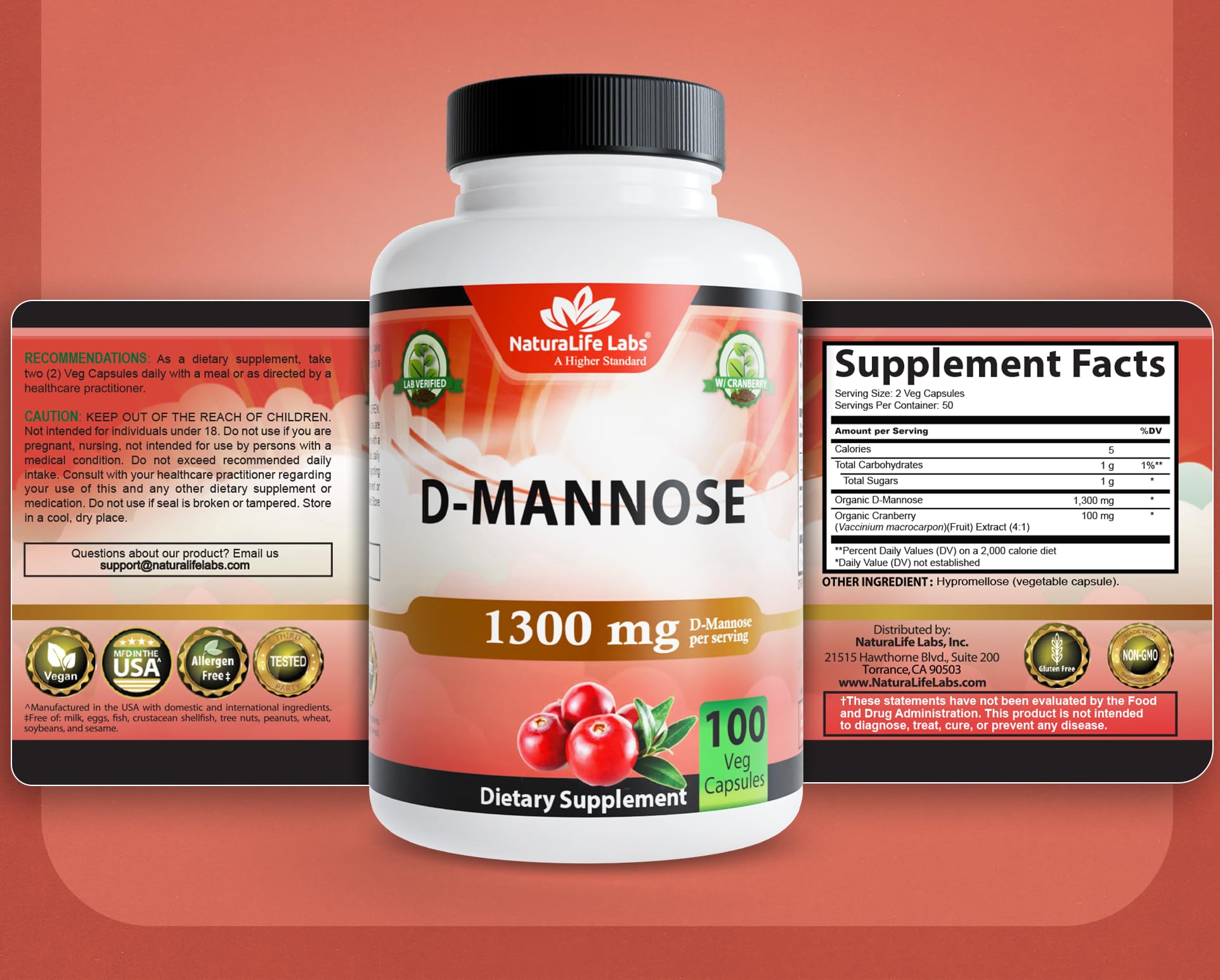 NaturaLife Labs Organic D-Mannose 1300 mg with Organic Cranberry Extract 100 mg per Serving – 100 Capsules – Non-GMO, Gluten-Free, Vegan NaturaLife LabsBuy Supplements Australia