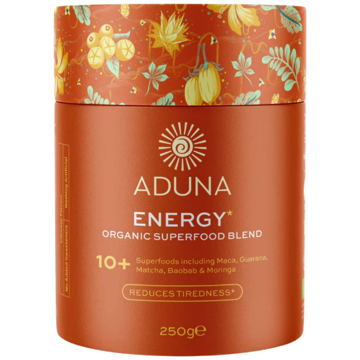 Aduna Energy organic superfood blend container with decorative lid on a white background