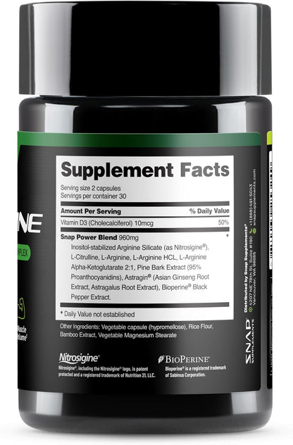 Snap Supplements L-Arginine, L-Citrulline & 3 Forms of L-Arginine, 60 Count | Support Healthy Circulation, Nitric Oxide & Exercise Performance, Vegan, Gluten-Free, Non-GMO, 30-Day Supply