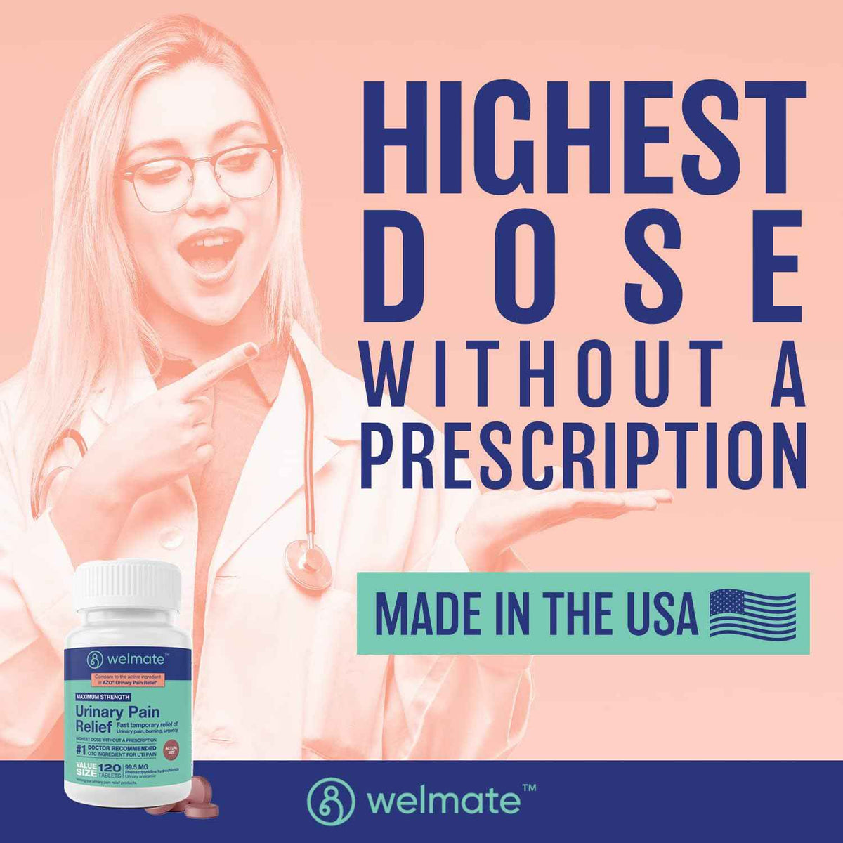 WELMATE Urinary Pain UTI Relief Maximum Strength (Phenazopyridine HCL) - Improve Urinary Tract Health & Bladder Control, Urgency, & Discomfort | Over-The-Counter Medication for Men & Women (120 Pills)
