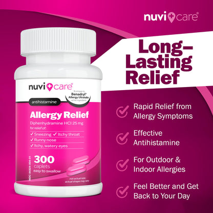 NUVICARE Allergy Relief Tablets - Diphenhydramine 25mg Antihistamine Tablets for Runny Nose, Sneezing, Itchy Eyes & Throat - Compare to Benadryl Allergy Meds - OTC Adult Allergy Medicine (300 Count) NUVICARE buy supplements Au