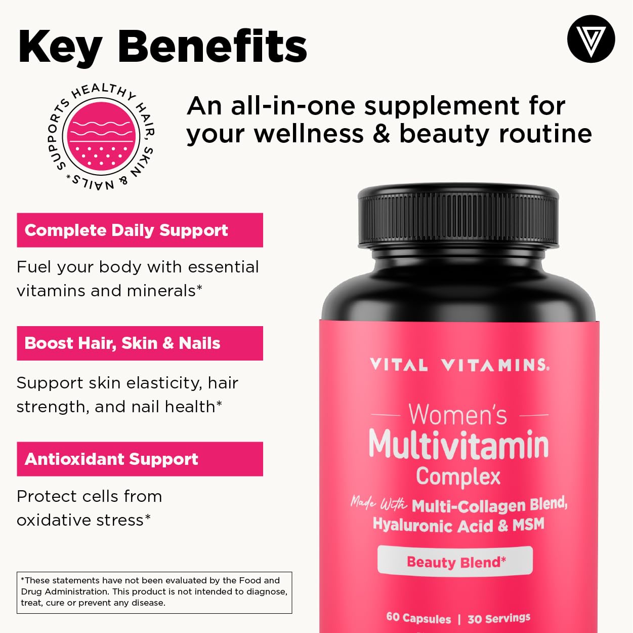 Vital Vitamins Women's Multivitamin Complex - Made with Multi-Collagen Blend, Hyaluronic Acid, & MSM - Beauty Multivitamins - with Vitamin A, C, E, B6, B12, D3-60 Capsules Vital Vitamins buy supplements Au