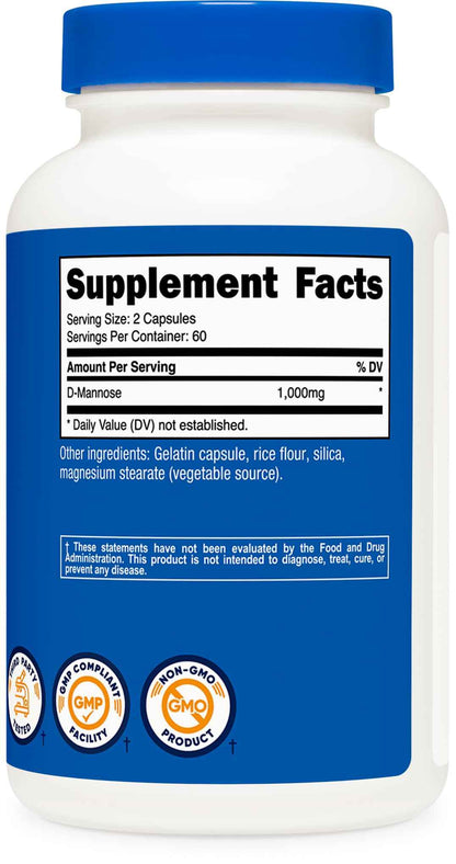 Nutricost D-Mannose 1000mg Per Serving, 120 Capsules - 500mg Per Capsule, Urinary Tract Health, Non-GMO and Gluten Free