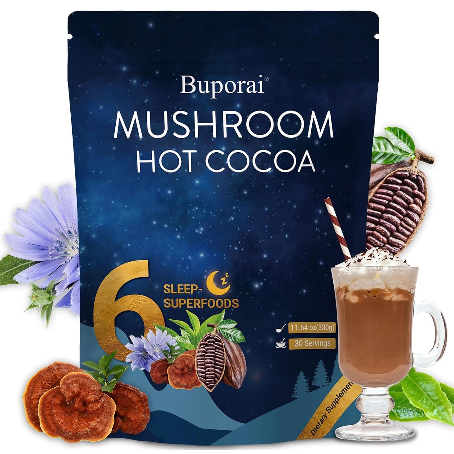 Mushroom Hot Cocoa with Melatonin, Reishi | L-Theanine, Cocoa Powder Hot Chocolate Nighttime Drink Mix for Sleep & Relax - 30 Servings