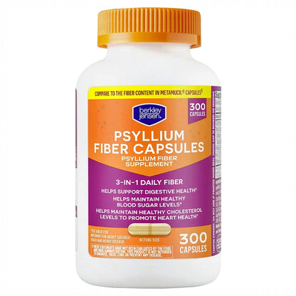 berkley jensen Daily Psyllium Husk Supplement, Natural Fiber for Men & Women - Fiber Capsules for Overall Digestive Health, Easing Constipation, Made in USA - 300 Count (Pack of 2)