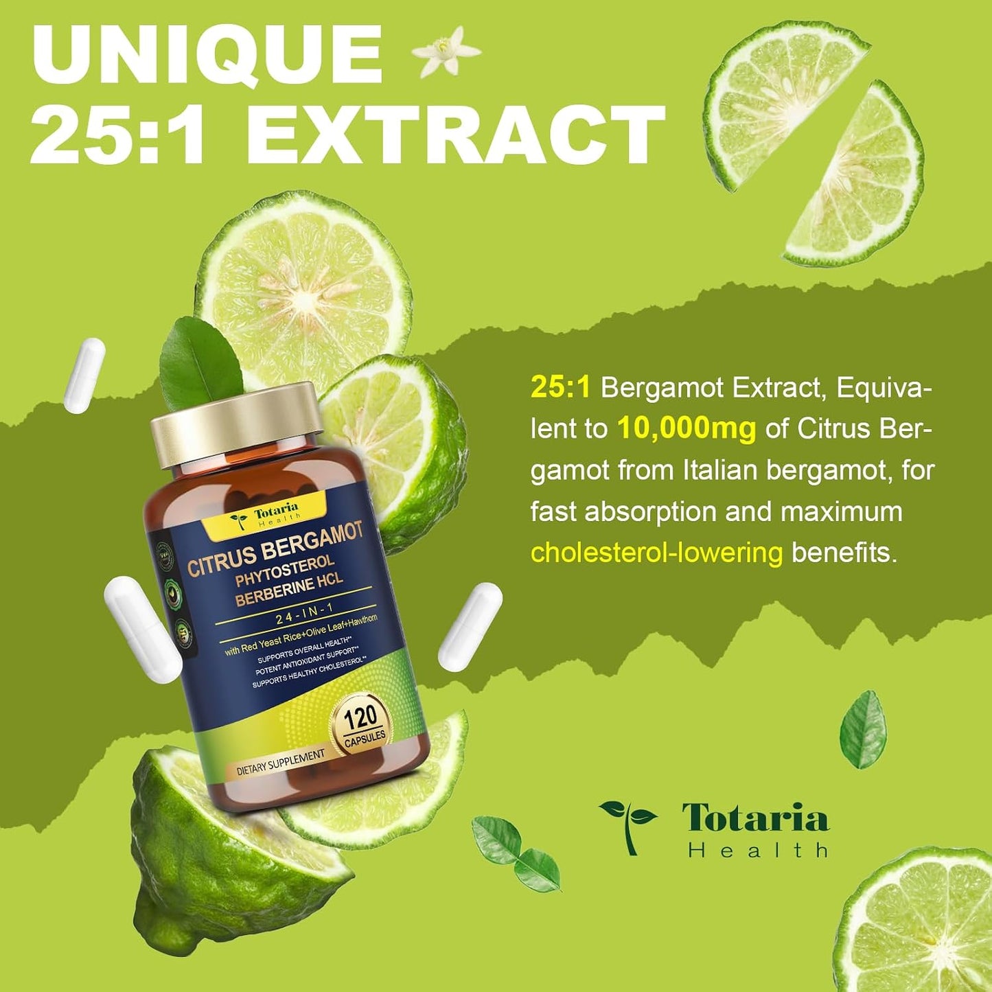 Citrus Bergamot Supplement for High Cholesterol - Italian Citrus Bergamot & Plant Sterols Stanols Natural Way to Balance Cholesterol Level, Vegan, Non-GMO, 120 Counts