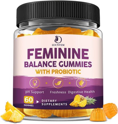 Feminine Balance Probiotic Gummies for Women – Support Vaginal Health, pH Balance, Freshness & Digestive Health – with Pineapple, Slippery Elm, Cranberry, D-Mannose – Sugar-Free, Pineapple Flavor