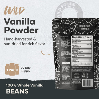 Wild Foods Organic Vanilla Bean Powder - All Natural Pure Vanilla from Madagascar - For Baking Cooking Coffee Flavoring & Smoothies - Unsweetened Gluten Free Non GMO Superfood (1 ounce)