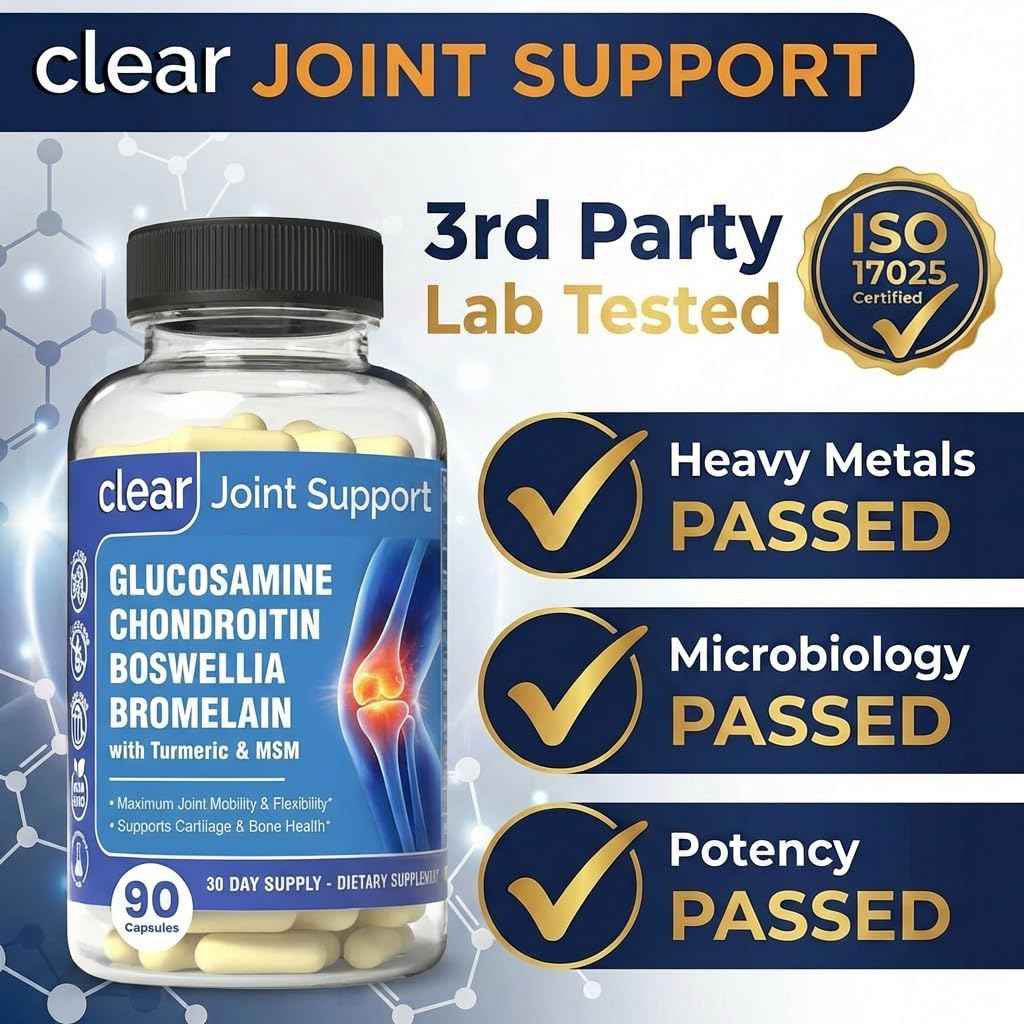 Clear Joint Support - 1500mg Glucosamine Chondroitin MSM - 8 in 1 Joint Health Supplement with Turmeric and Boswellia for Men & Women, Knee, Hip & Back Support, Made in USA, 90 Capsules