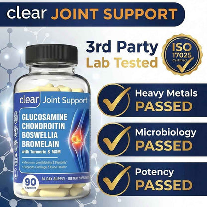 Clear Joint Support - 1500mg Glucosamine Chondroitin MSM - 8 in 1 Joint Health Supplement with Turmeric and Boswellia for Men & Women, Knee, Hip & Back Support, Made in USA, 90 Capsules
