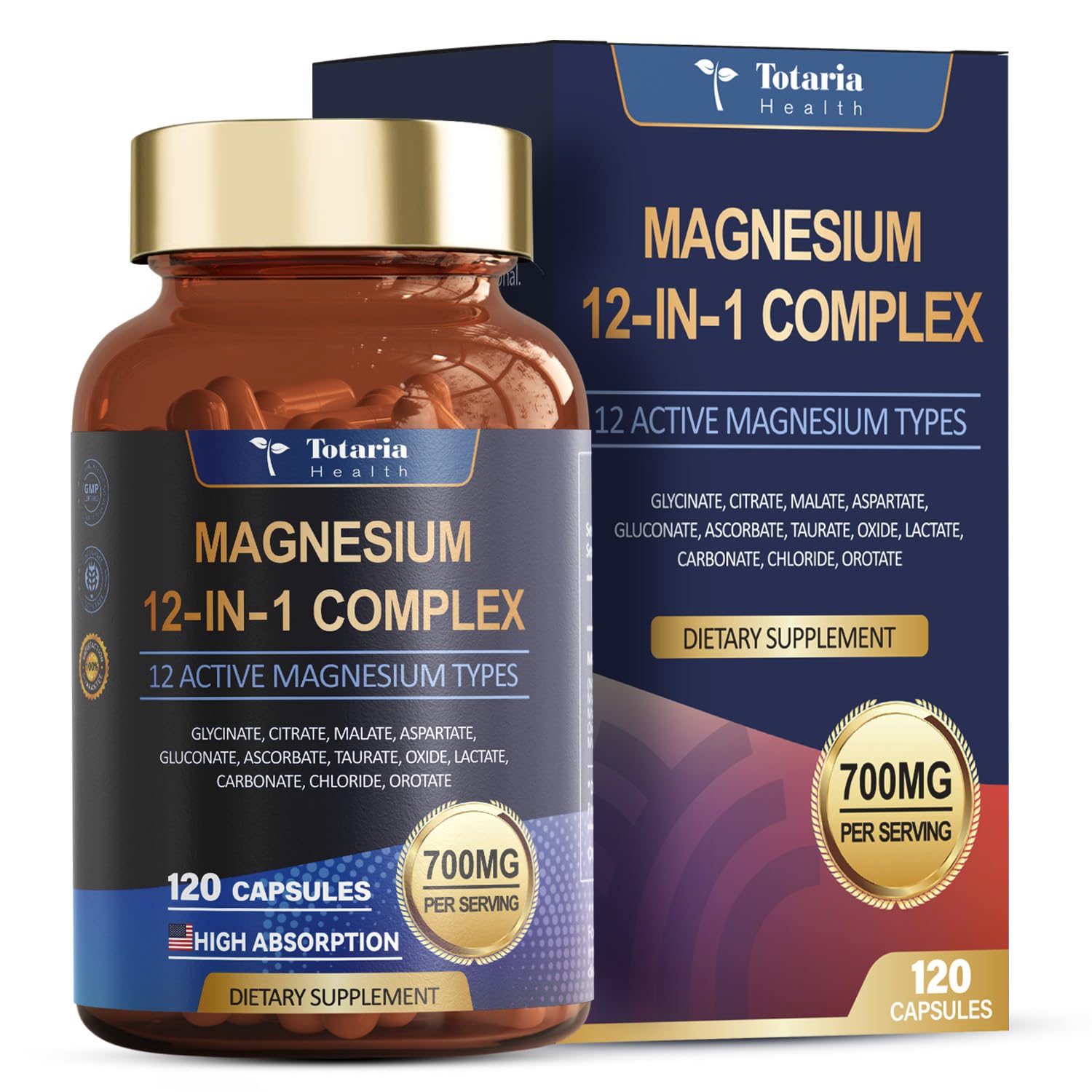 Bottle and packaging of Totaria Health Magnesium 12-in-1 Complex supplement on a white background