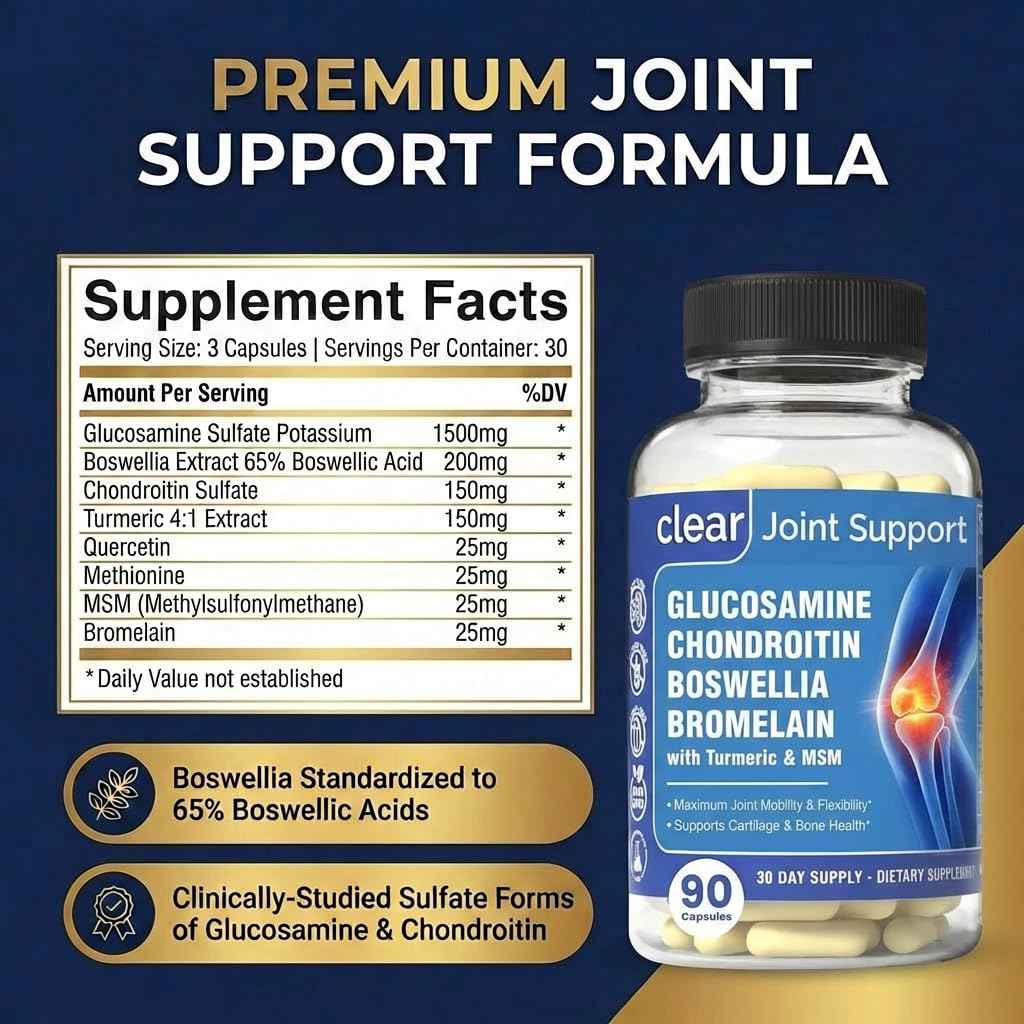 Clear Joint Support - 1500mg Glucosamine Chondroitin MSM - 8 in 1 Joint Health Supplement with Turmeric and Boswellia for Men & Women, Knee, Hip & Back Support, Made in USA, 90 Capsules