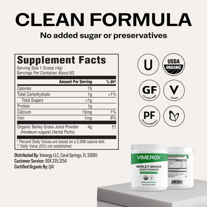 Vimergy Barley Grass Juice Powder Dietary Supplement - 4g per Serving (62 Servings) – Clean Superfood – Promotes Cardiovascular Health* – Organic, Vegan & Gluten-Free – Regular Size 250g