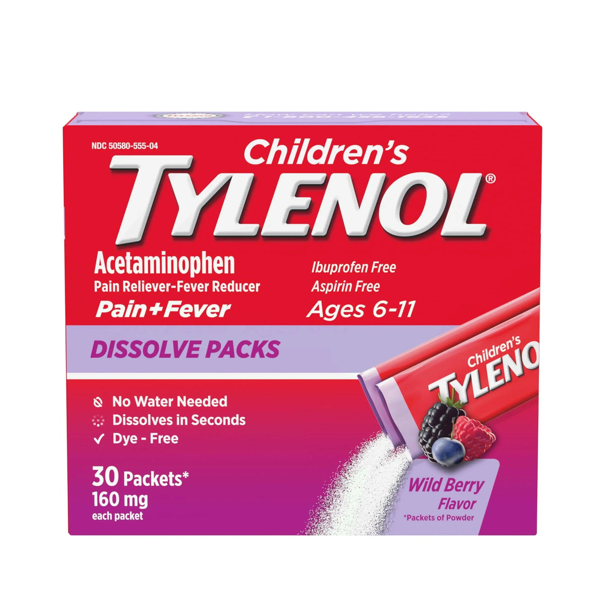 Children's Tylenol Dissolve Packs for Pain Relief, Fever Medication, 160 mg Acetaminophen, Dye Free, Kids' Powder Packets for Cold & Flu Symptom Relief; Wild Berry Flavor, 30 ct.; Pack of 1 TylenolBuy Supplements Australia