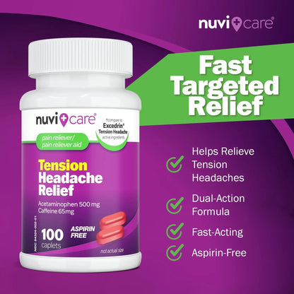 Nuvicare Tension Headache Relief Pills with 500mg Acetaminophen and 65mg Caffeine - Non Aspirin Pain Reliever Aid - Compare to Active Ingredient in Aspirin Free Excedrin Tension Headache (100 Caplets) NUVICAREBuy Supplements Australia