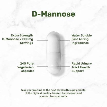 DEAL SUPPLEMENT D Mannose 500mg Capsules (2,000mg Per Serving), 240 Veggie Pills – Fast Acting Water-Soluble Form – Extra Strength Urinary Tract (UTI) Health Support – Non-GMO, Vegan Friendly