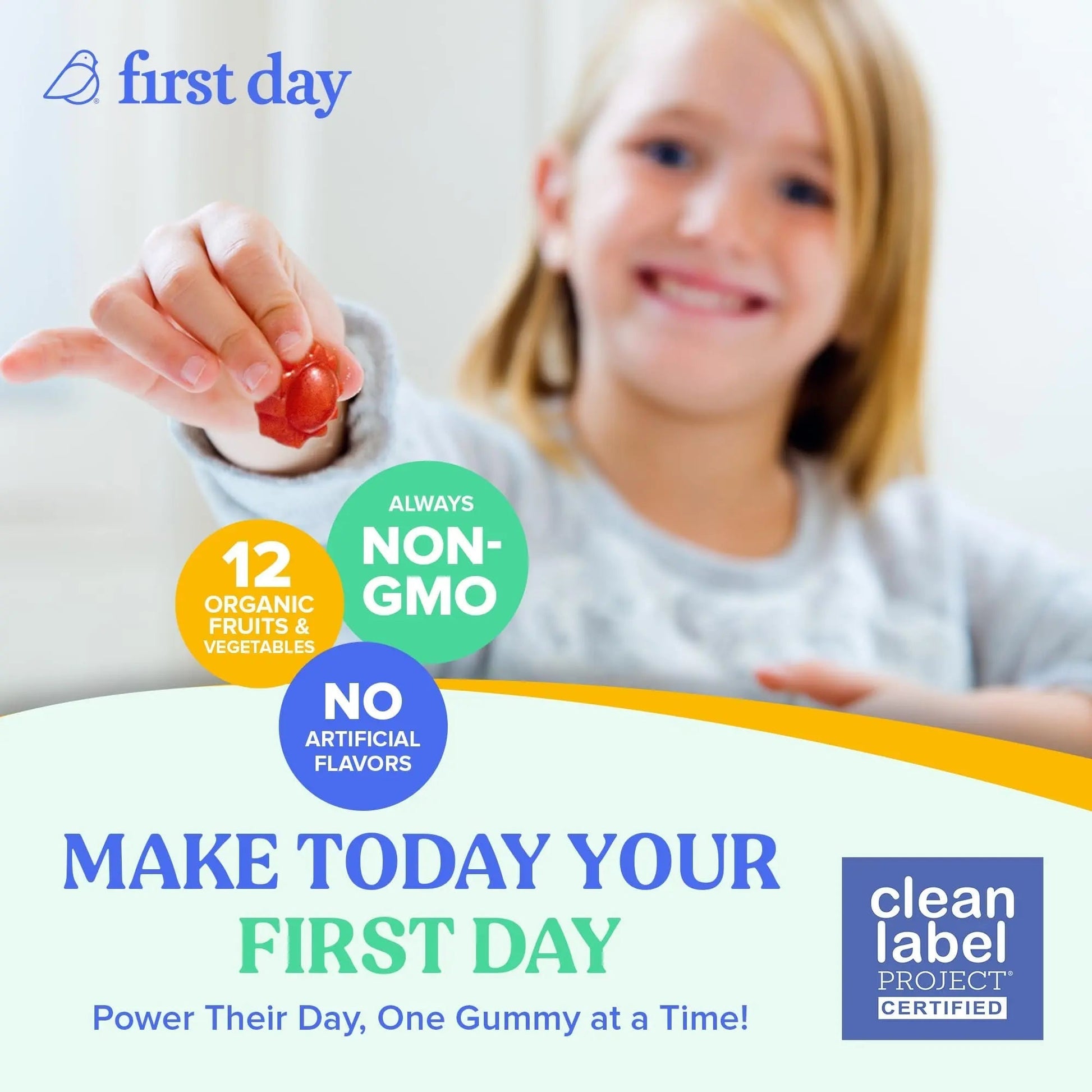 FIRST DAY Toddler Multivitamin Gummies (Ages 2-3)| Kids Multivitamin Gummies with Vitamins A C D3, B2, B12, Choline, Folate and 21 Organic Superfoods| (30 Day Supply) FIRST DAY