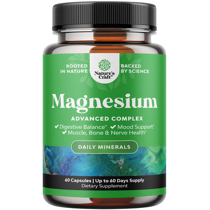 Supplement bottle labeled 'Magnesium Advanced Complex' by Nature's Craft on a white background