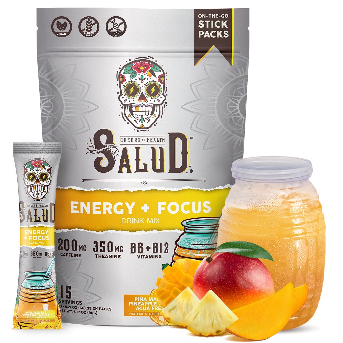 Salud 2-in-1 Energy + Focus Drink Mix, Hibiscus | Organic Caffeine, B6 + B12, Theanine, Clean Energy Packets, Agua Fresca Mix, Non-GMO, Gluten Free, 1g of Sugar (15 Servings)
