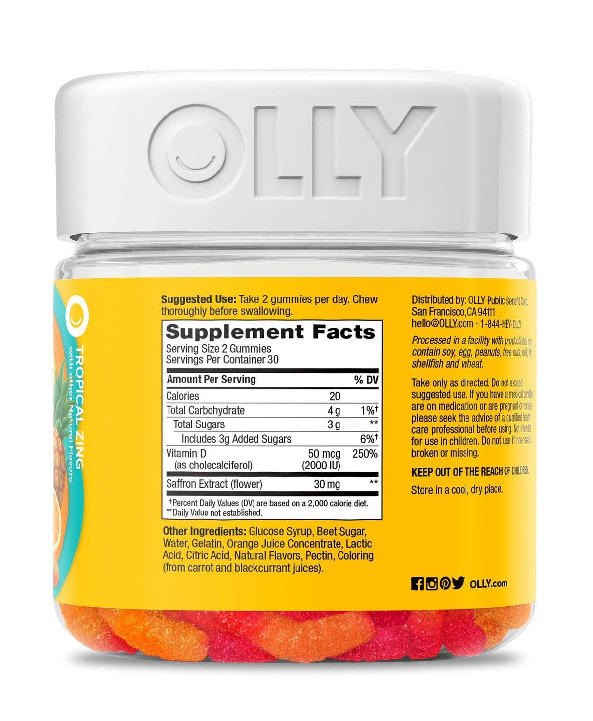 OLLY Hello Happy Gummy Worms, Mood Support Gummies For Adults,* Saffron Extract, Vitamin D, Tropical Zing Flavored, 30 Day Supply - 60 Count