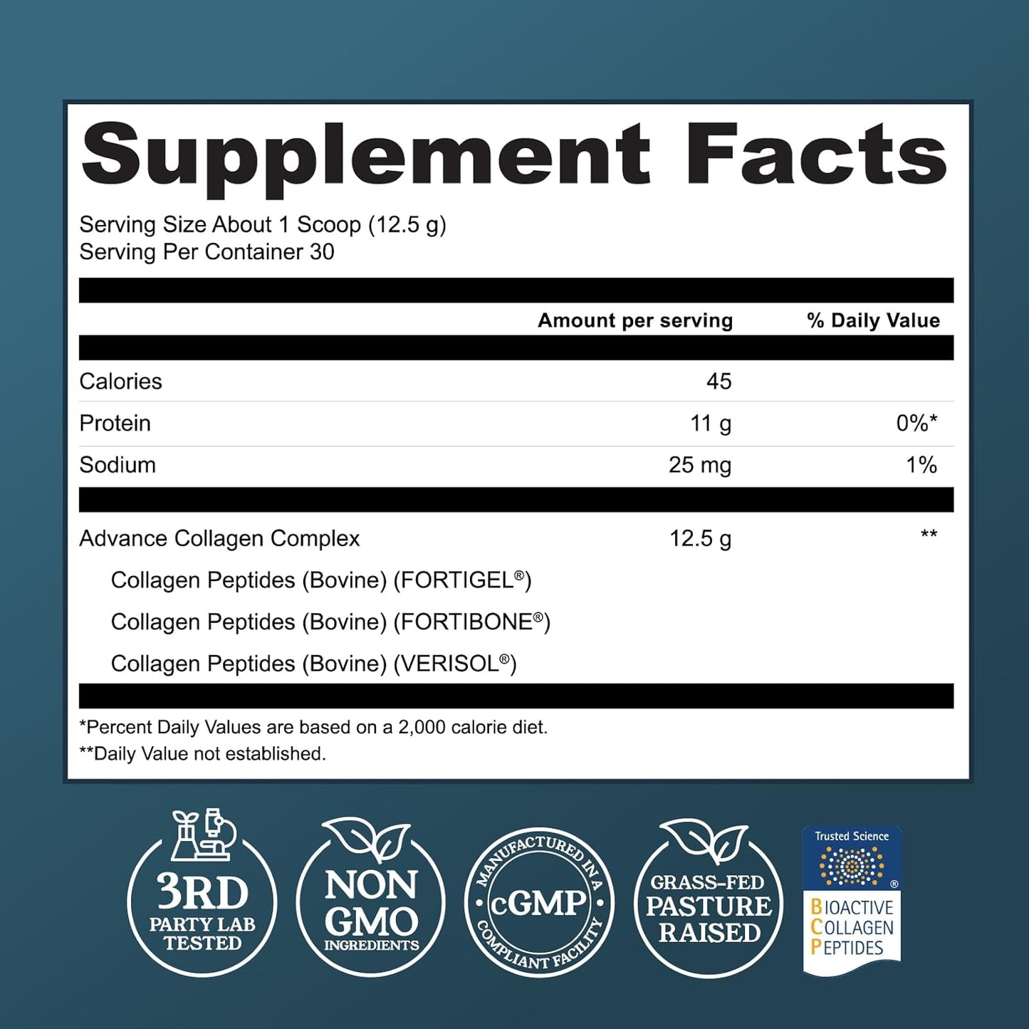 Advanced Collagen Complex Powder – VERISOL®, FORTIBONE®, & FORTIGEL® for Hair, Skin, Bone & Joint Support – Clinically Studied Ingredients – Grass-Fed Hydrolyzed Collagen Peptides – 30 Servings