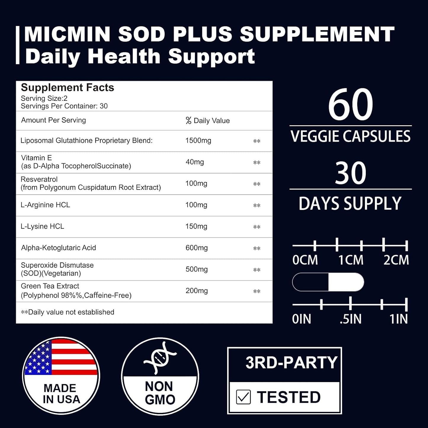 Superoxide Dismutase Supplement 500mg - SOD Plus with liposomal glutathione, AKG, Green Tea Extract, L-Arginine, Lysine, Resveratrol and Vitamin E for Immune Support, Antioxidant 60 Capsules