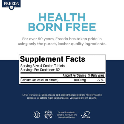 FREEDA Calcium Citrate 1000mg Supplement for Bone Support – 250 Tablets | Supports Bone Strength, Teeth, & Muscle Function – Highly Absorbable Calcium Formula – No Vit D, Vegan, Kosher, Made in USA