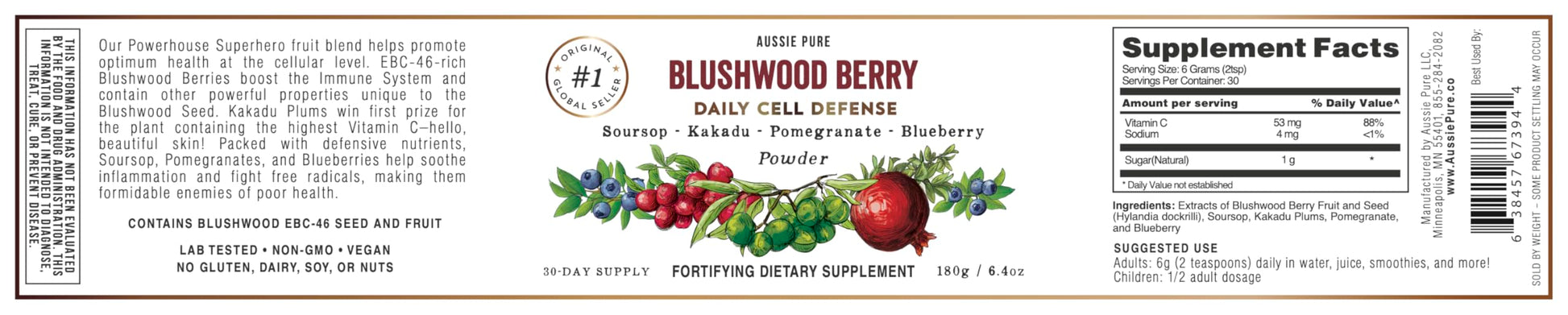 Aussie Pure Blushwood Berry Superfruit Daily Cell Defense - Soursop - Kakadu Plum - Pomegranate - Blueberry - Immune and Cell Support Powder - All Ages - Lab Tested and Authenticated - 180g/6.4oz Aussie Pure buy supplements Au