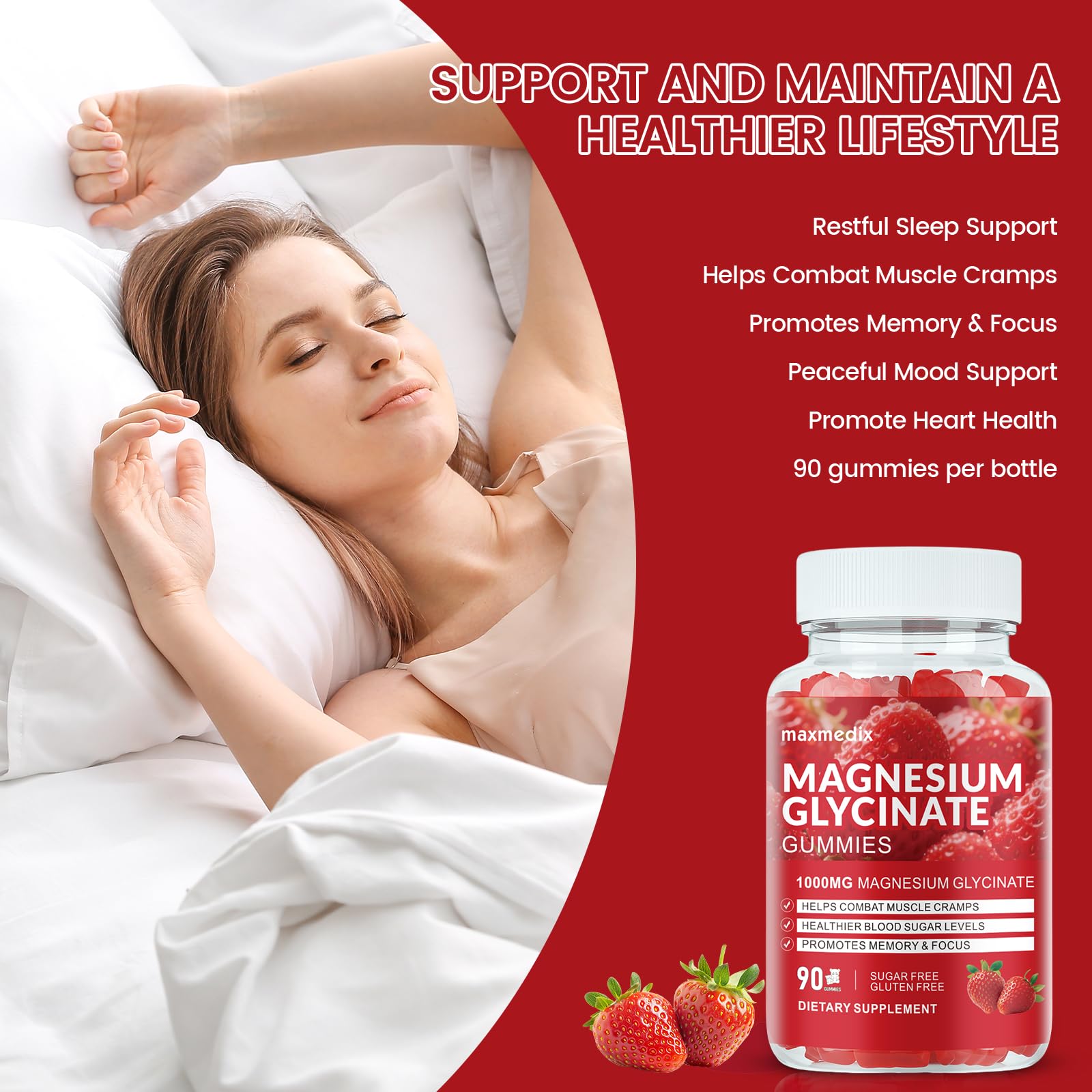 Magnesium Glycinate Gummies 1000mg, Sugar Free Magnesium Potassium Supplements Chewable for Adults with L-Threonate for Sleep, Body Support and Relaxation,90 Strawberry Gummies maxmedixBuy Supplements Australia