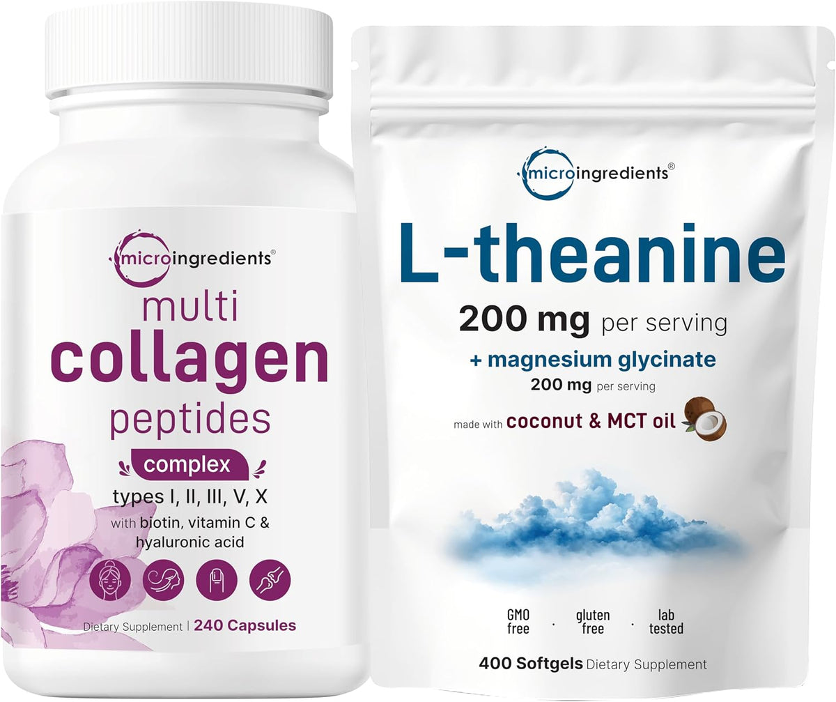 Micro Ingredients 8-in-1 Multi Collagen Capsules & L-Theanine 200mg with Magnesium Glycinate Softgels | Grass-Fed Collagen Peptides | Amino Acid & Mineral Complex Bundle 2 Pack