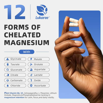 Magnesium Complex Supplement -12 Forms of Glycinate, Citrate, B6 & More | Chelated Formula Plus Ashwagandha,Lithium Orotate - Support for Sleep, Muscle & Nerves*- Men & Women Capsules- Non-GMO-120 Ct