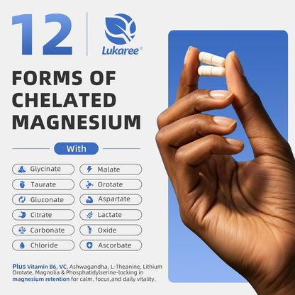 Magnesium Complex Supplement -12 Forms of Glycinate, Citrate, B6 & More | Chelated Formula Plus Ashwagandha,Lithium Orotate - Support for Sleep, Muscle & Nerves*- Men & Women Capsules- Non-GMO-120 Ct