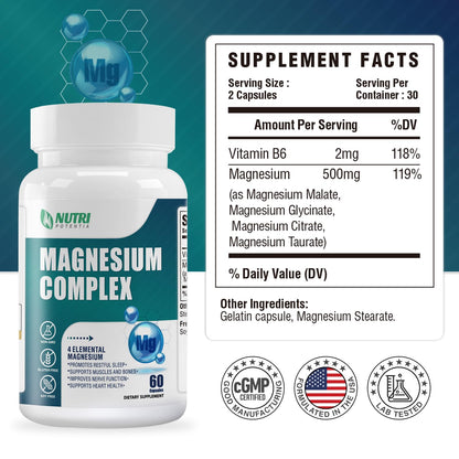 Magnesium Complex for Women&Men,With Glycinate Malate Citrate Taurate.Support for Sleep,Stress Relief,Cognitive Function,Magnesium Supplement 500mg,Third-Party Tested(Made & Tested in USA)-60 Capsules NUTRI POTENTIA buy supplements Au