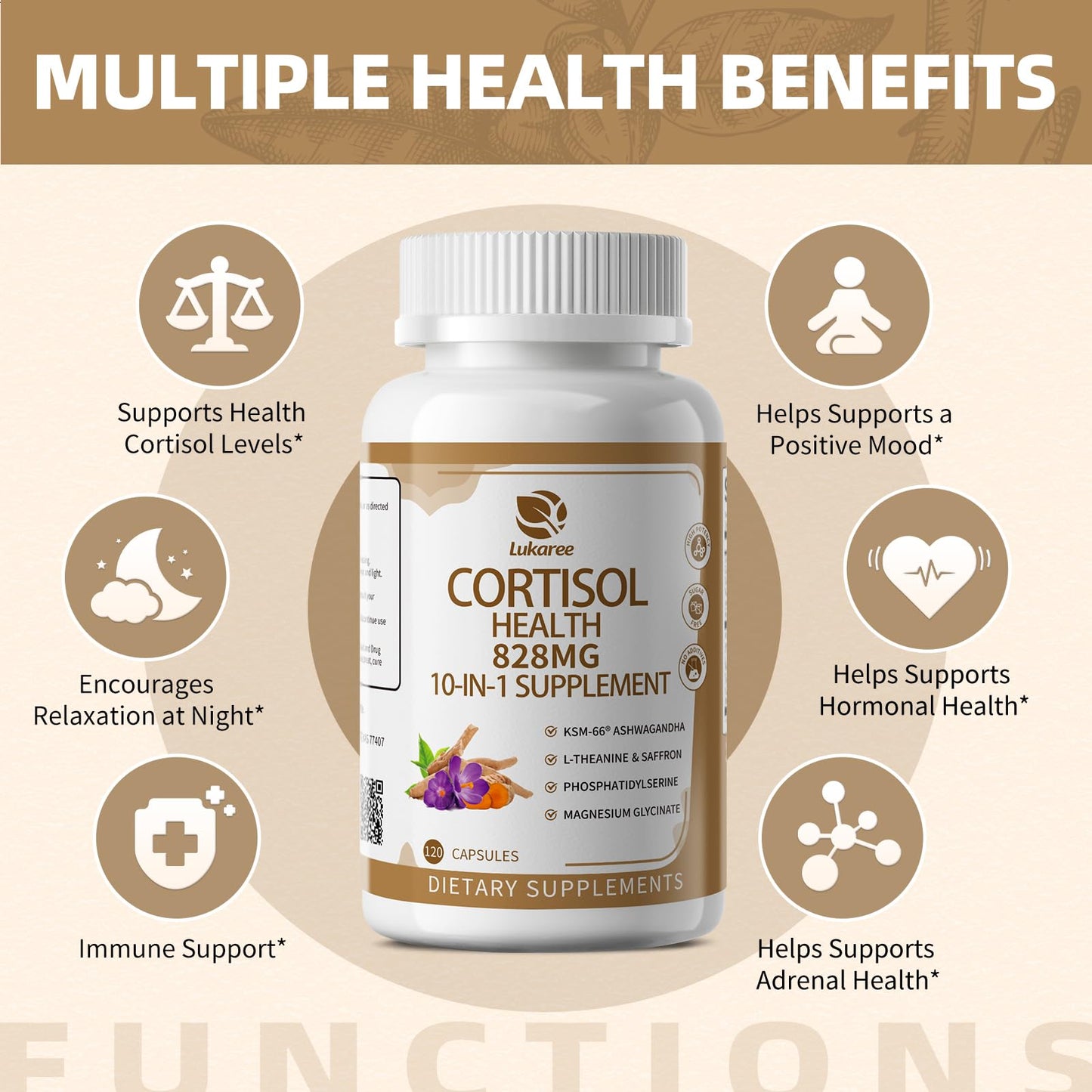 Lukaree Cortisol Supplements for Women and Men, with KSM-66® Ashwagandha | 10-IN-1 Cortisol Reducer with L-Theanine, Magnesium, Saffron & Phosphatidylserine, GMP Quality, 120 Capsules, 60-Day Supply