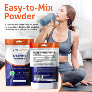 Vitamatic L-Serine Pure Powder 250 Gram | 2000 mg per Serving | 125 Servings | Unflavored | No Additives | Free of Soy, Eggs, Fish & Artificial Ingredients VitamaticBuy Supplements Australia