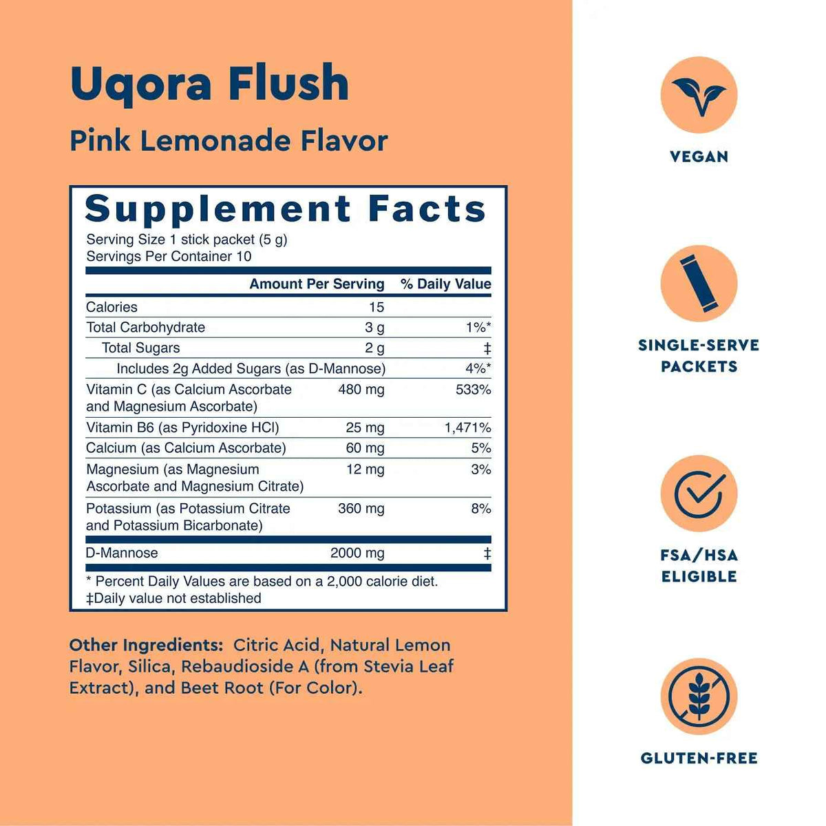 Uqora Flush - Urinary Tract* with D-Mannose, Vitamin C, Vitamin B6, Potassium, Magnesium & Calcium - Gluten-Free & Vegan - Pink Lemonade Flavor - 20 Packets (2 Pack)