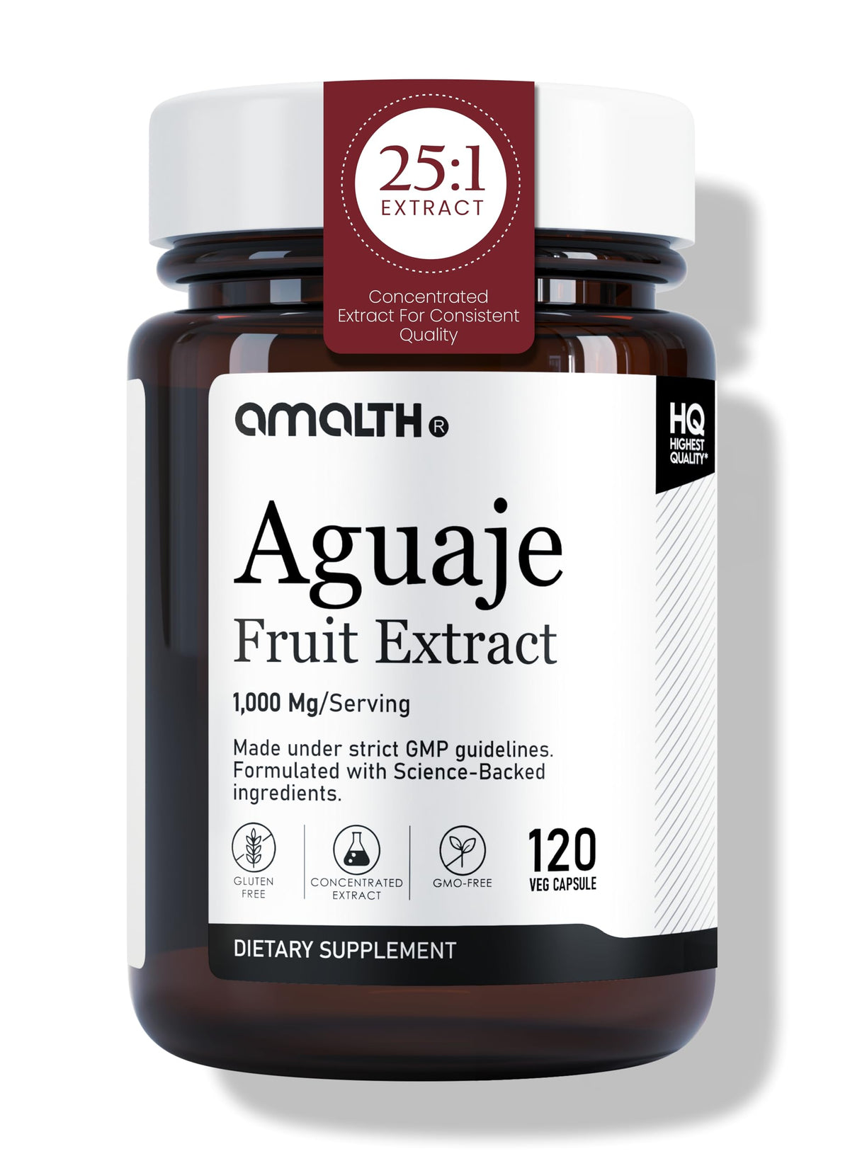 Amalth Aguaje Fruit Extract supplement bottle on a white background