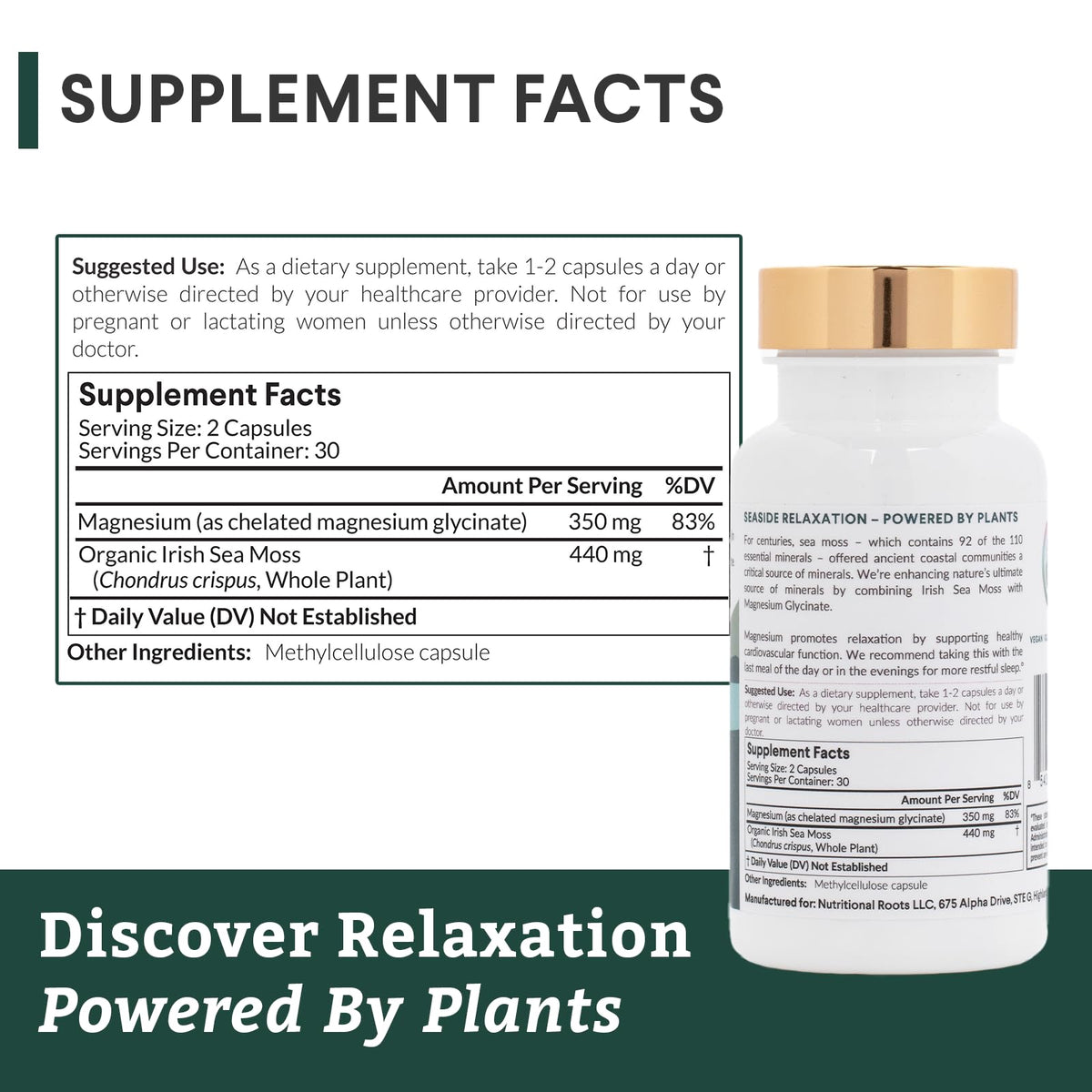 Nutritional Roots - Magnesium + Irish Sea Moss - 350mg Magnesium Glycinate & Organic Irish Sea Moss - Essential Minerals - Supports Heart & Bone Health - Dietary Supplement - 30 Servings - 60 Capsules Nutritional RootsBuy Supplements Australia