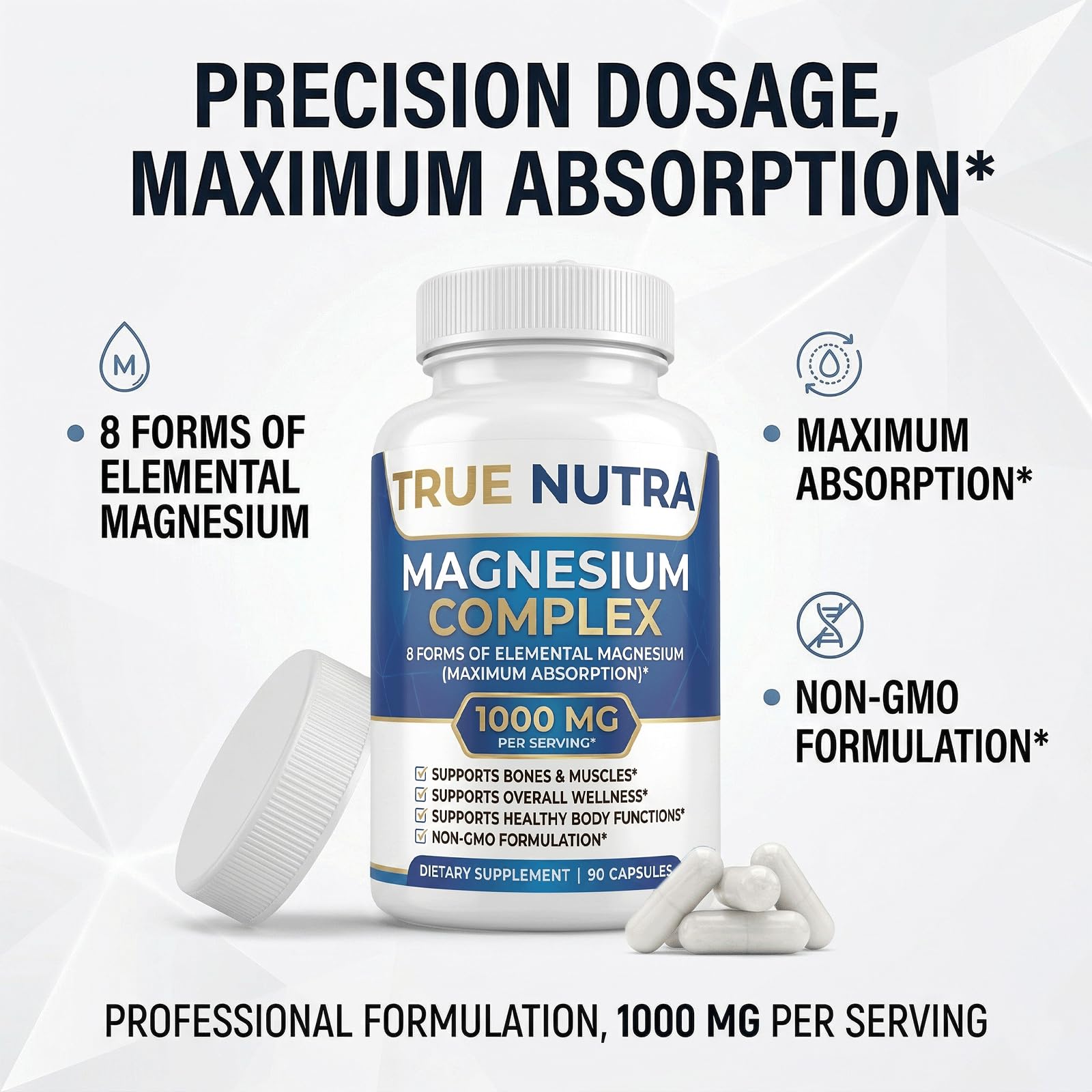 True nutra Magnesium Complex，Advanced 8-in-1 Magnesium Blend，Glycinate, Citrate, Malate, Taurate etc，High Formula，90 Capsules true nutra buy supplements Au