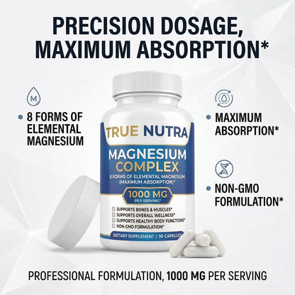 True nutra Magnesium Complex，Advanced 8-in-1 Magnesium Blend，Glycinate, Citrate, Malate, Taurate etc，High Formula，90 Capsules true nutra buy supplements Au